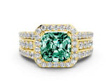 Yellow gold Cushion Cut Halo Green Sapphire Ring with Split Shank and Four-Prong Setting