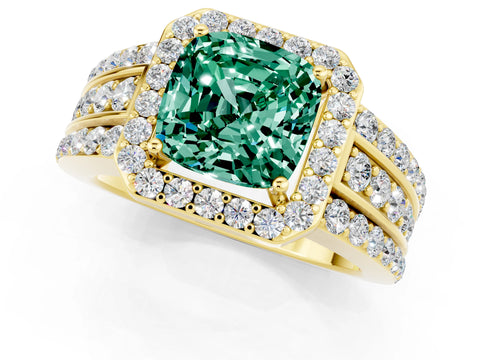 Yellow gold Cushion Cut Halo Green Sapphire Ring with Split Shank and Four-Prong Setting_1