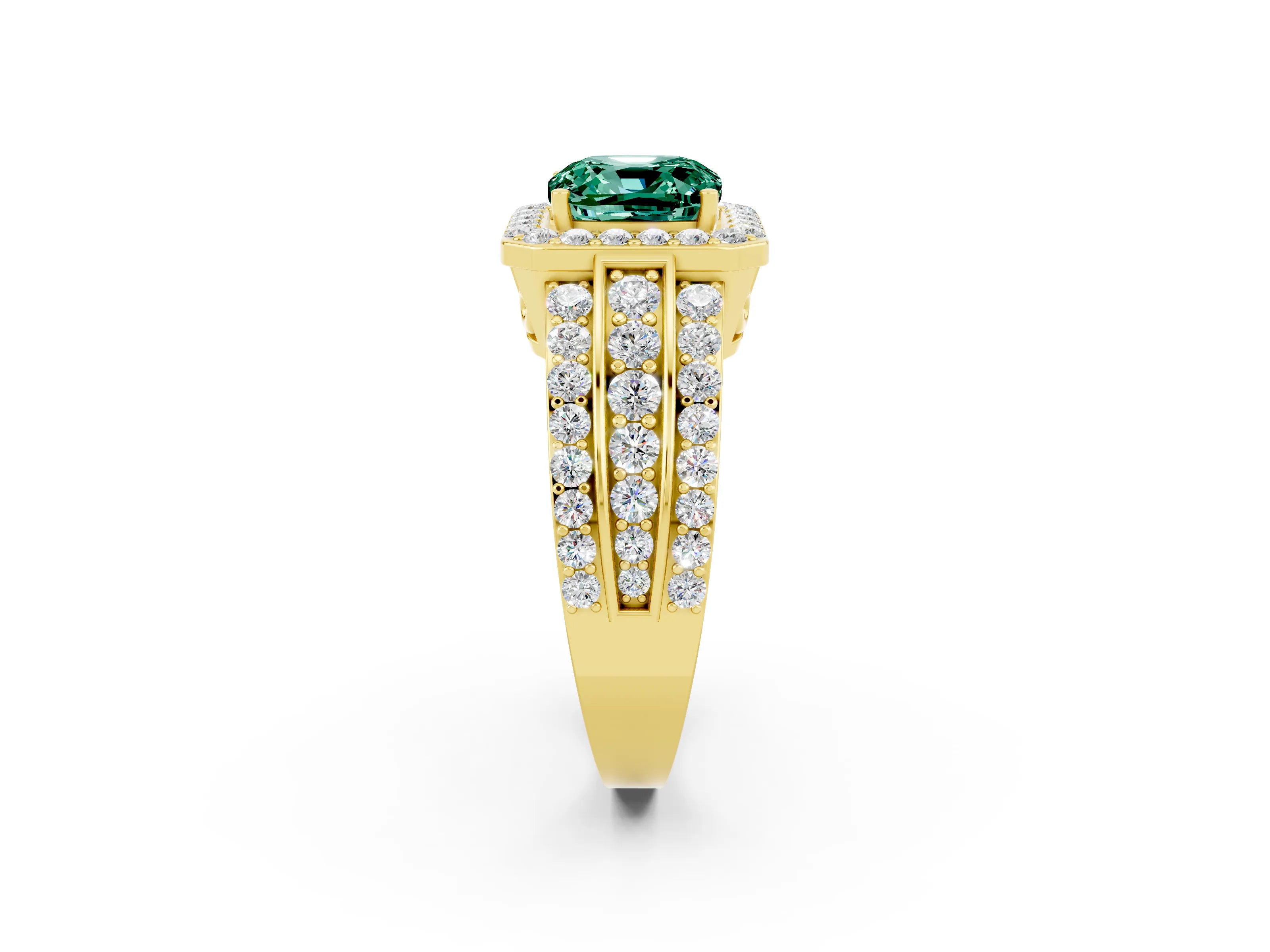 Yellow gold Cushion Cut Halo Green Sapphire Ring with Split Shank and Four-Prong Setting_2