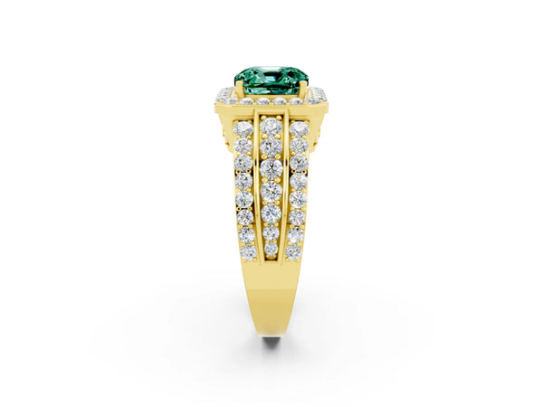 Yellow gold Cushion Cut Halo Green Sapphire Ring with Round  Split Shank and Prong Setting