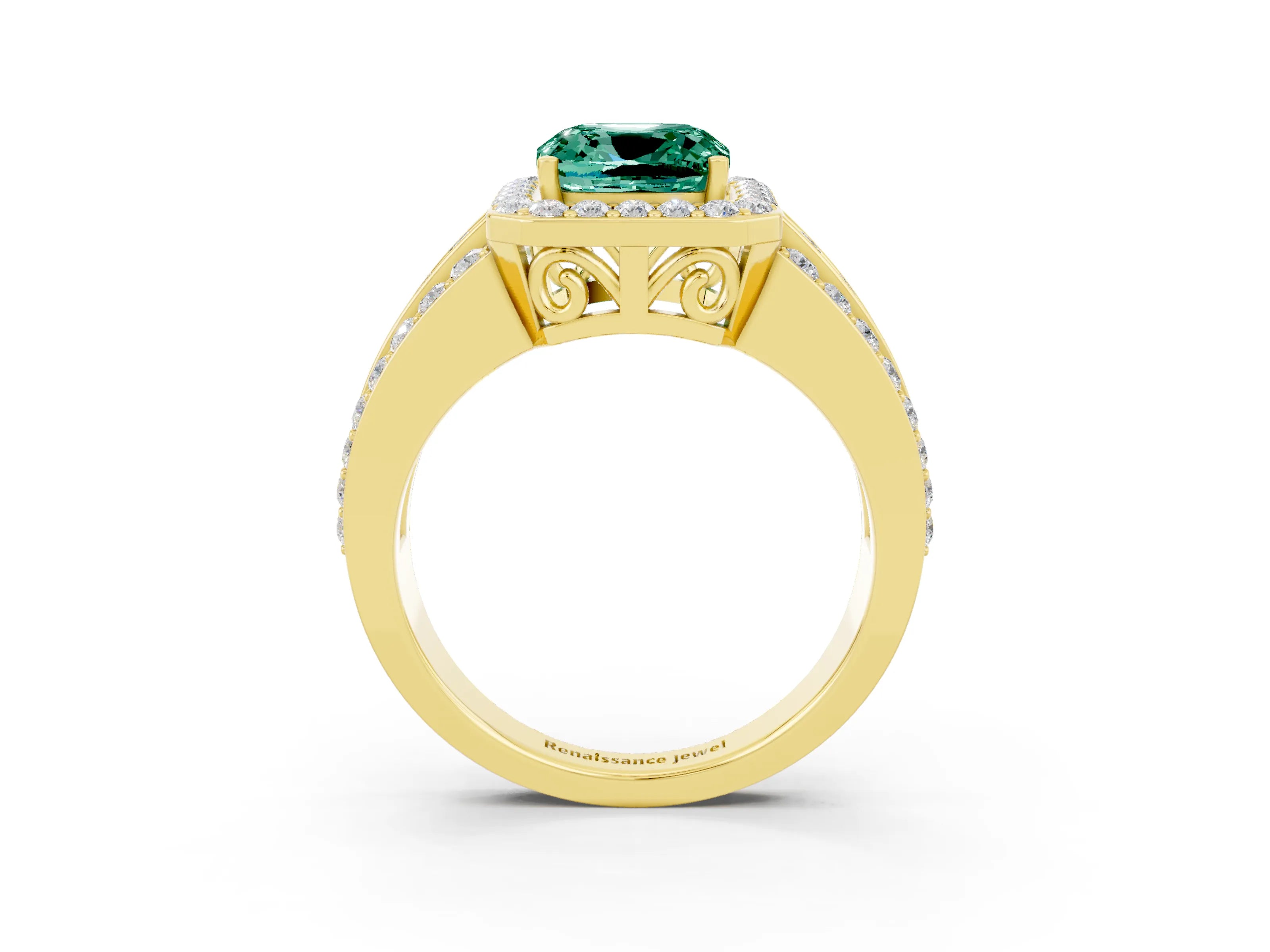 Yellow gold Cushion Cut Halo Green Sapphire Ring with Split Shank and Four-Prong Setting_3