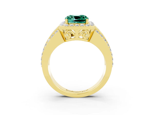 Yellow gold Cushion Cut Halo Green Sapphire Ring with Round  Split Shank and Prong Setting
