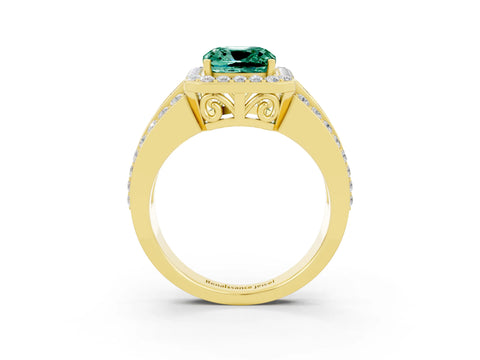 Yellow gold Cushion Cut Halo Green Sapphire Ring with Split Shank and Four-Prong Setting_3