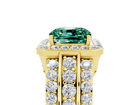 Yellow gold Cushion Cut Halo Green Sapphire Ring with Split Shank and Four-Prong Setting_5
