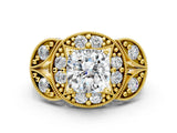 Yellow gold Cushion Cut Halo Milgrain Diamond Engagement Ring with Leaf Band and Four-Prong Setting_3