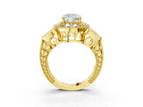 Yellow gold Cushion Cut Halo Milgrain Diamond Engagement Ring with Leaf Band and Four-Prong Setting_6