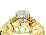 Yellow gold Cushion Cut Halo Milgrain Diamond Engagement Ring with Leaf Band and Four-Prong Setting_7
