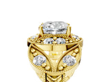 Yellow gold Cushion Cut Halo Milgrain Diamond Engagement Ring with Leaf Band and Four-Prong Setting_8