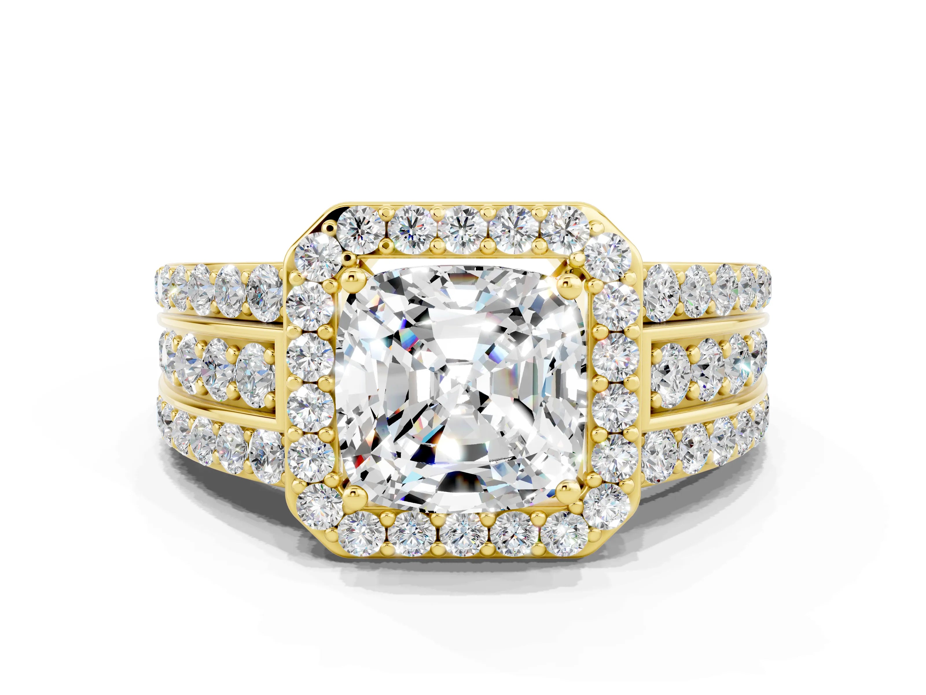 Yellow gold Cushion Cut Halo Moissanite Ring with Split Shank and Four-Prong Setting