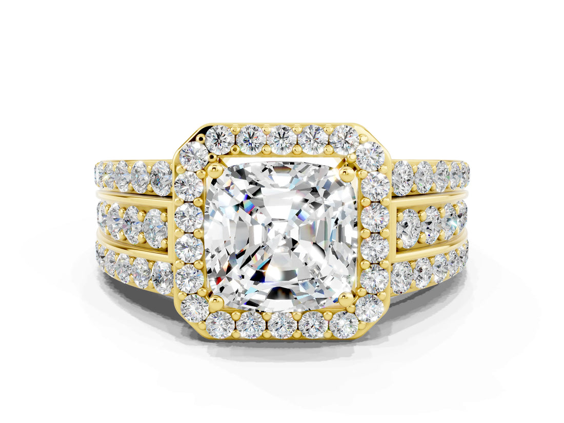 Yellow gold Cushion Cut Halo Moissanite Ring with Split Shank and Four-Prong Setting