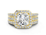 Yellow gold Cushion Cut Halo Moissanite Ring with Split Shank and Four-Prong Setting