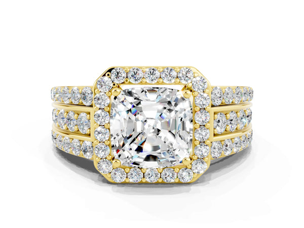 Yellow gold Cushion Cut Halo Moissanite Ring with Round  Split Shank and Prong Setting