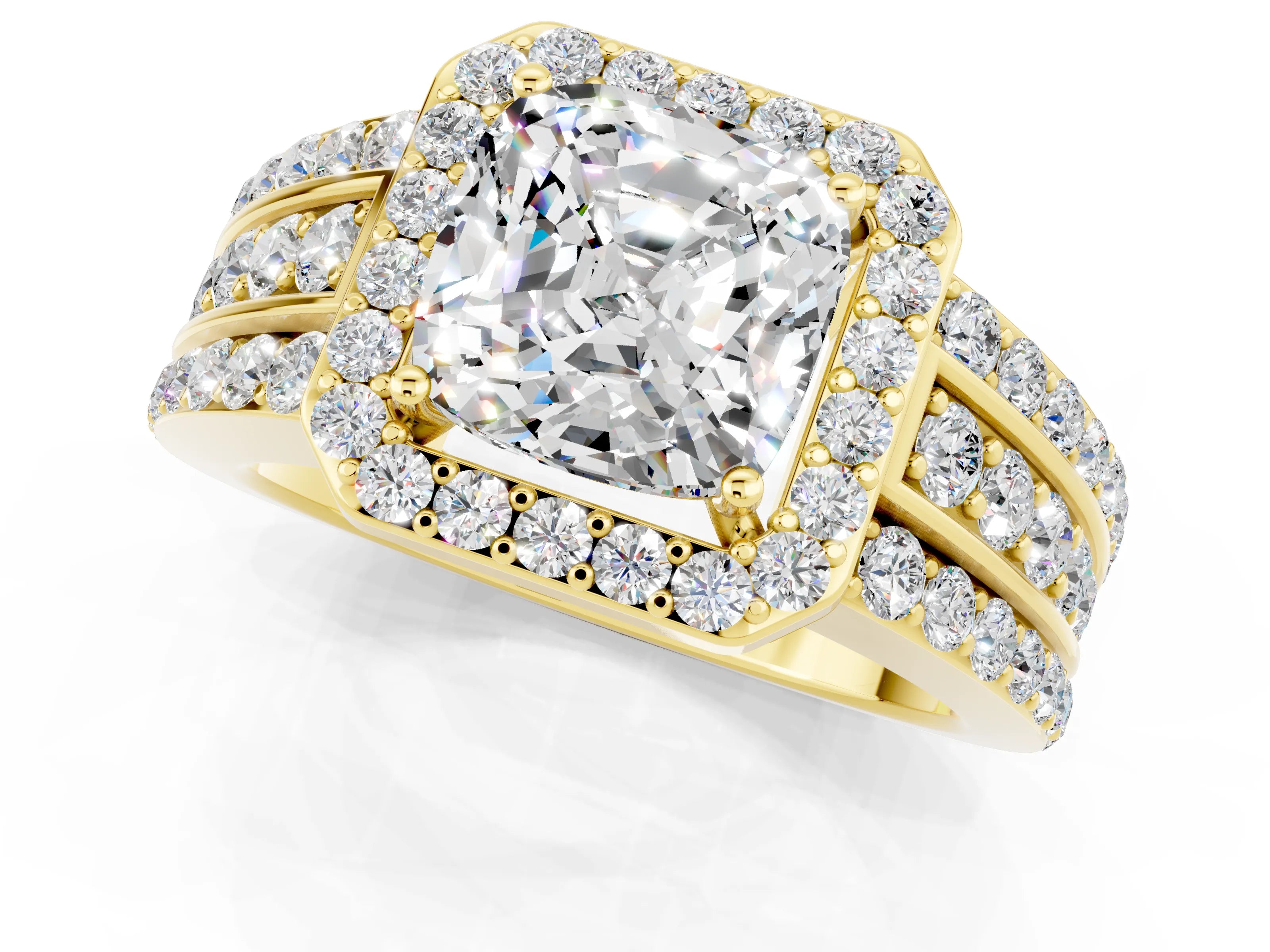 Yellow gold Cushion Cut Halo Moissanite Ring with Split Shank and Four-Prong Setting_1