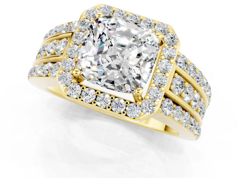 Yellow gold Cushion Cut Halo Moissanite Ring with Split Shank and Four-Prong Setting_1