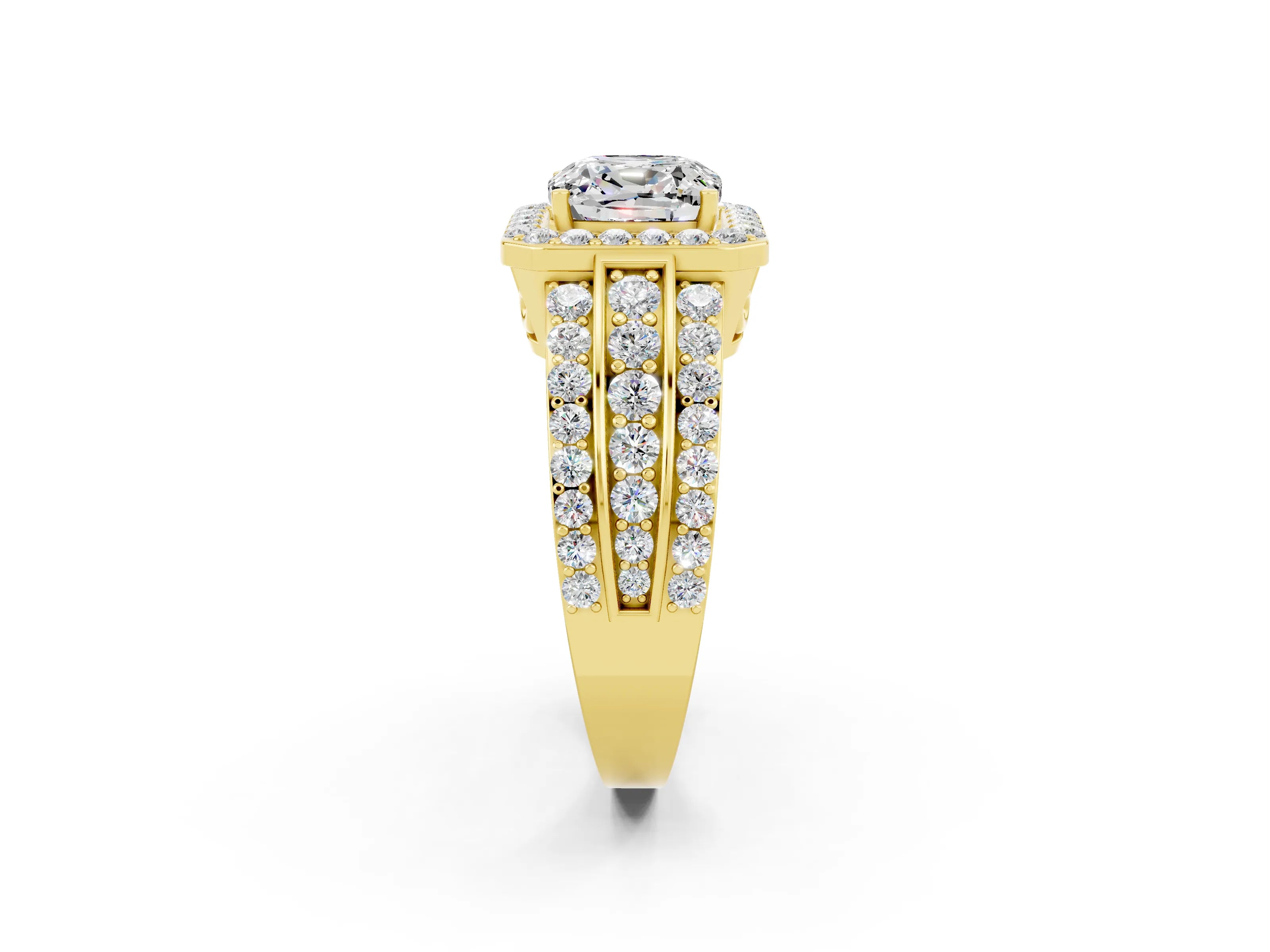 Yellow gold Cushion Cut Halo Moissanite Ring with Split Shank and Four-Prong Setting_2