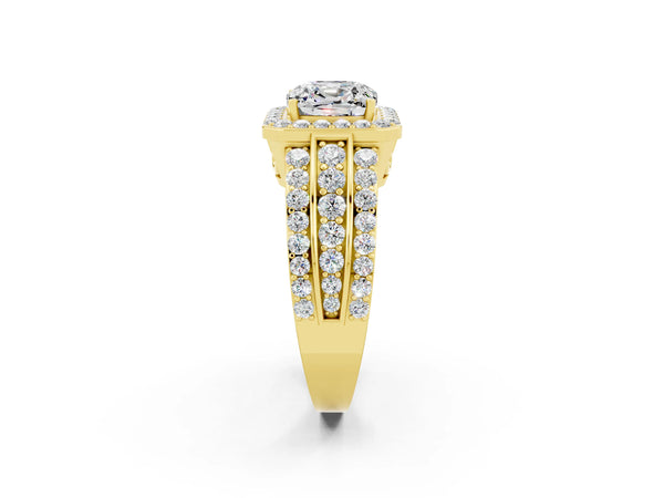 Yellow gold Cushion Cut Halo Moissanite Ring with Round  Split Shank and Prong Setting