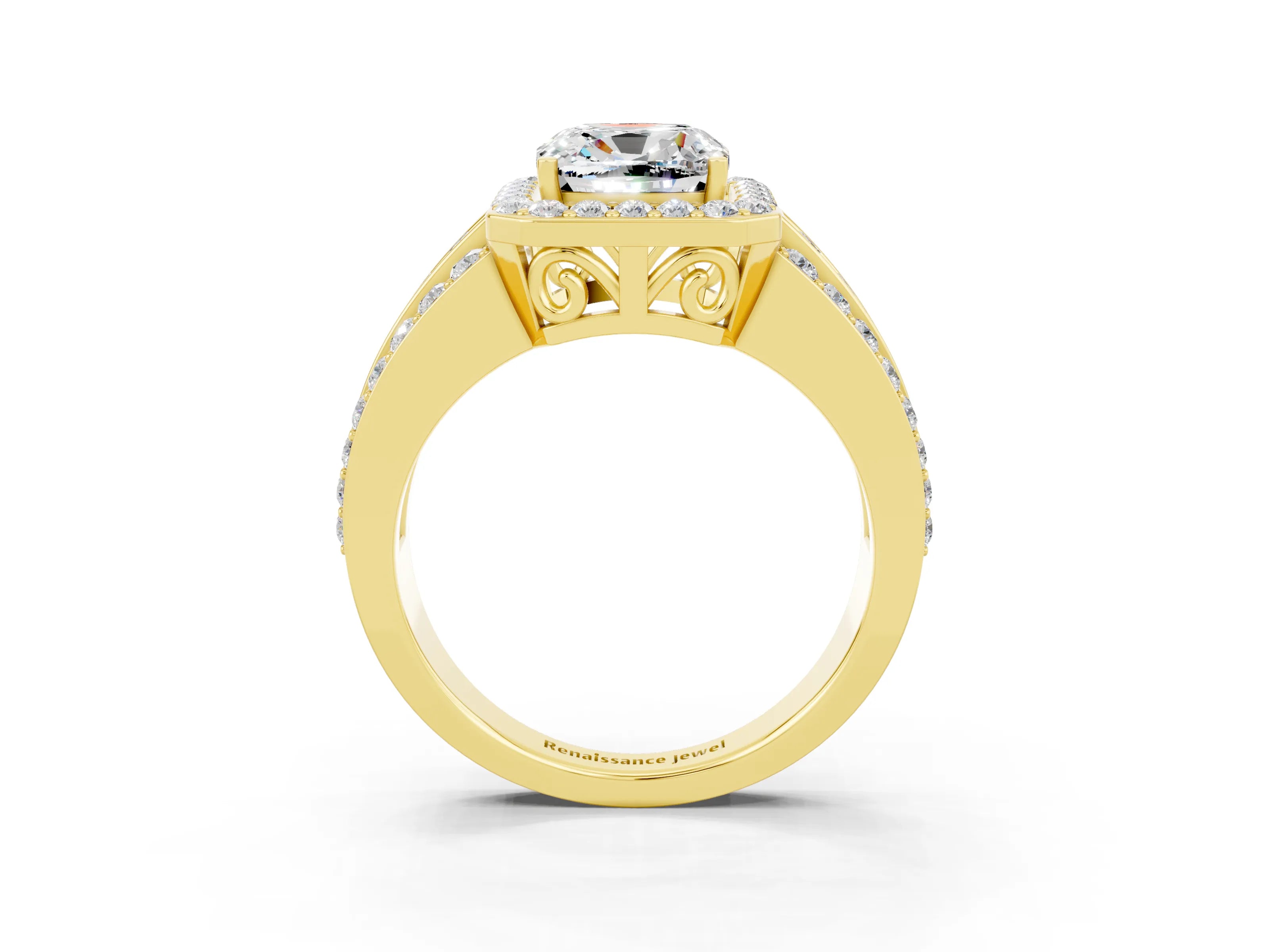 Yellow gold Cushion Cut Halo Moissanite Ring with Split Shank and Four-Prong Setting_3
