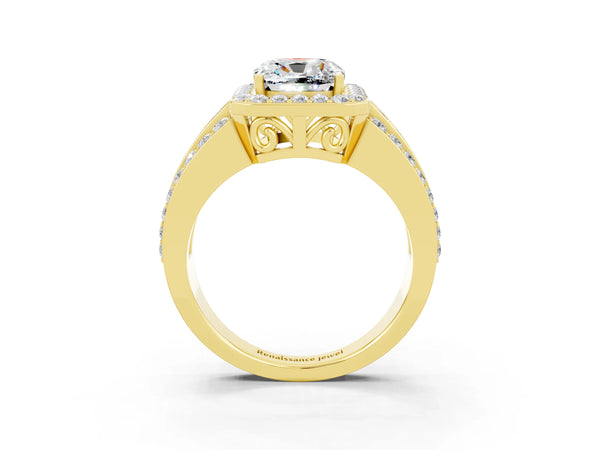 Yellow gold Cushion Cut Halo Moissanite Ring with Round  Split Shank and Prong Setting
