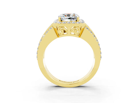 Yellow gold Cushion Cut Halo Moissanite Ring with Split Shank and Four-Prong Setting_3