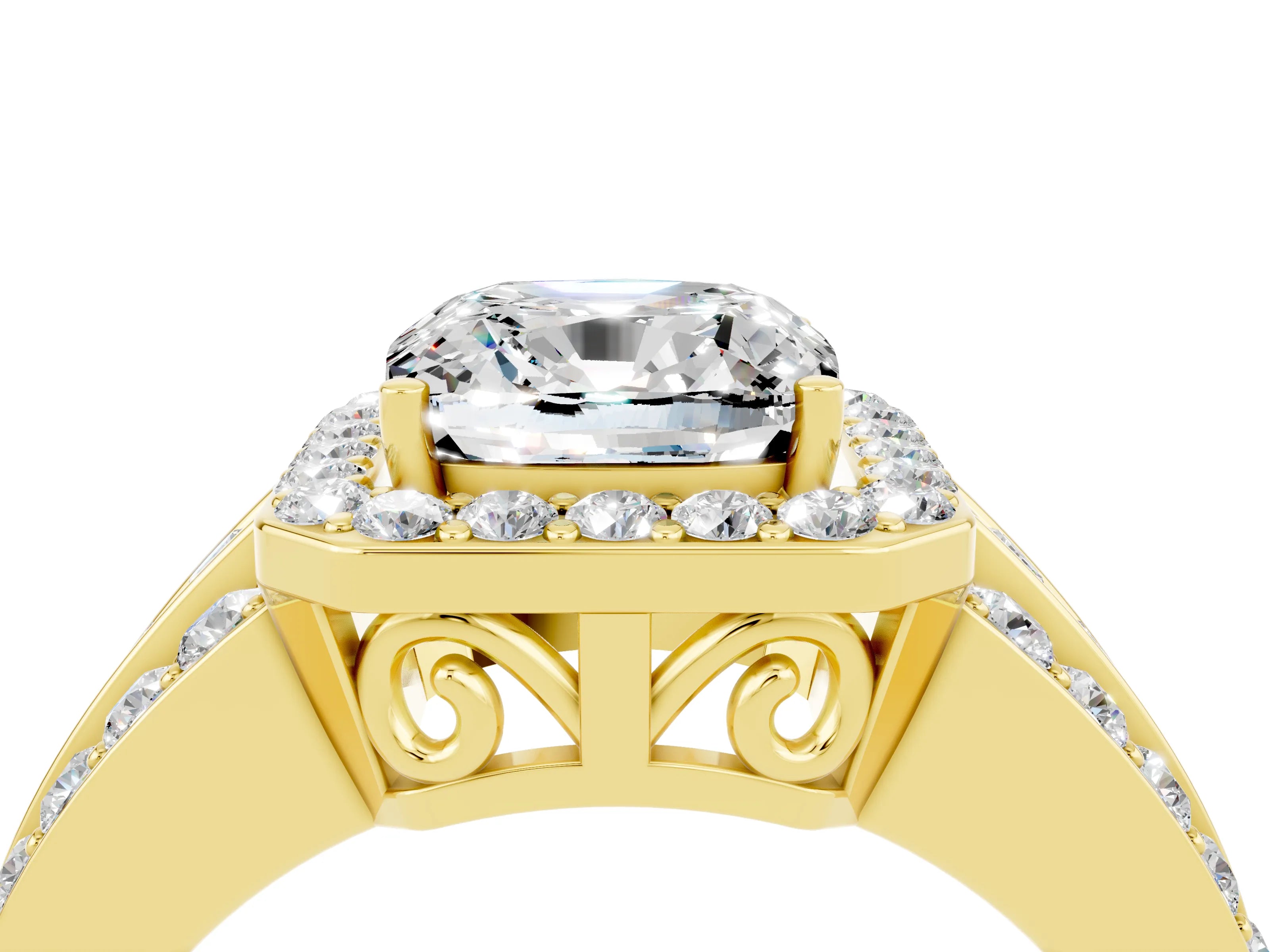 Yellow gold Cushion Cut Halo Moissanite Ring with Split Shank and Four-Prong Setting_4
