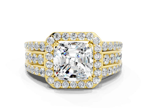 Yellow gold Cushion Cut Halo Moissanite Ring with Split Shank and Four-Prong Setting