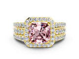 Yellow gold Cushion Cut Halo Morganite Ring with Split Shank and Four-Prong Setting