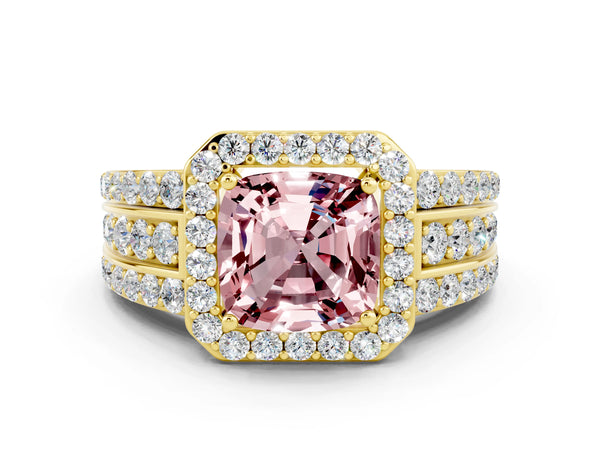 Yellow gold Cushion Cut Halo Morganite Ring with Round  Split Shank and Prong Setting