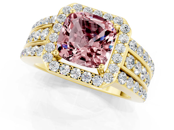 Yellow gold Cushion Cut Halo Morganite Ring with Round  Split Shank and Prong Setting