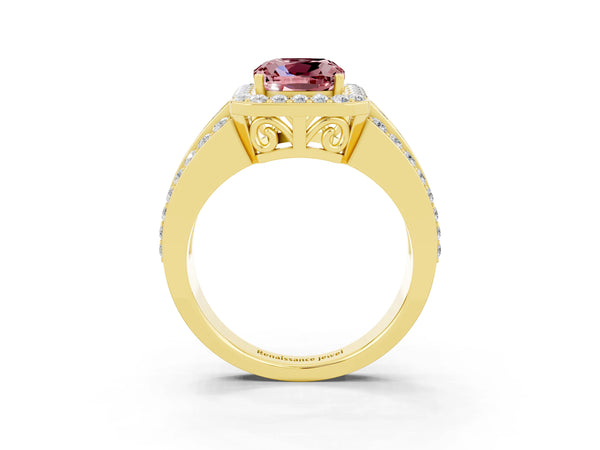Yellow gold Cushion Cut Halo Morganite Ring with Round  Split Shank and Prong Setting