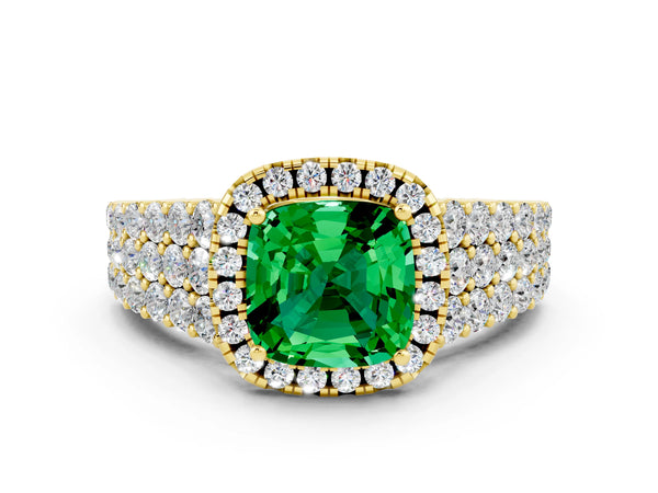 Yellow gold Cushion Cut Emerald Halo Engagement Ring with Triple Row Round Pavé Band and Prong Setting
