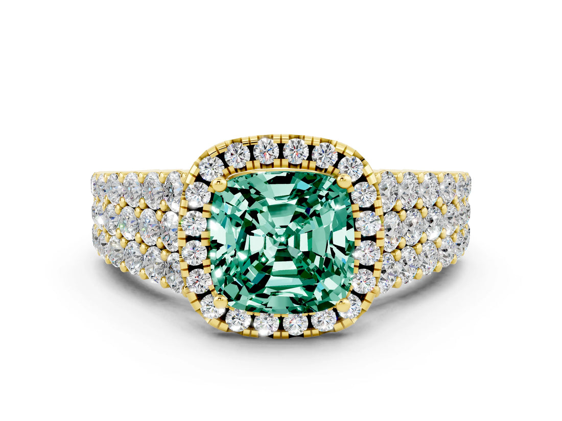 Yellow gold Cushion Cut Halo Pavé Diamond Engagement Ring with Split Shank and Four-Prong Setting