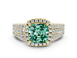 Yellow gold Cushion Cut Halo Pavé Diamond Engagement Ring with Split Shank and Four-Prong Setting