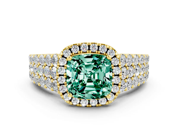 Yellow gold Cushion Cut Green Sapphire Halo Engagement Ring with Triple Row Round Pavé Band and Prong Setting