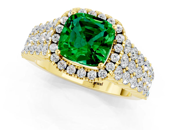 Yellow gold Cushion Cut Emerald Halo Engagement Ring with Triple Row Round Pavé Band and Prong Setting