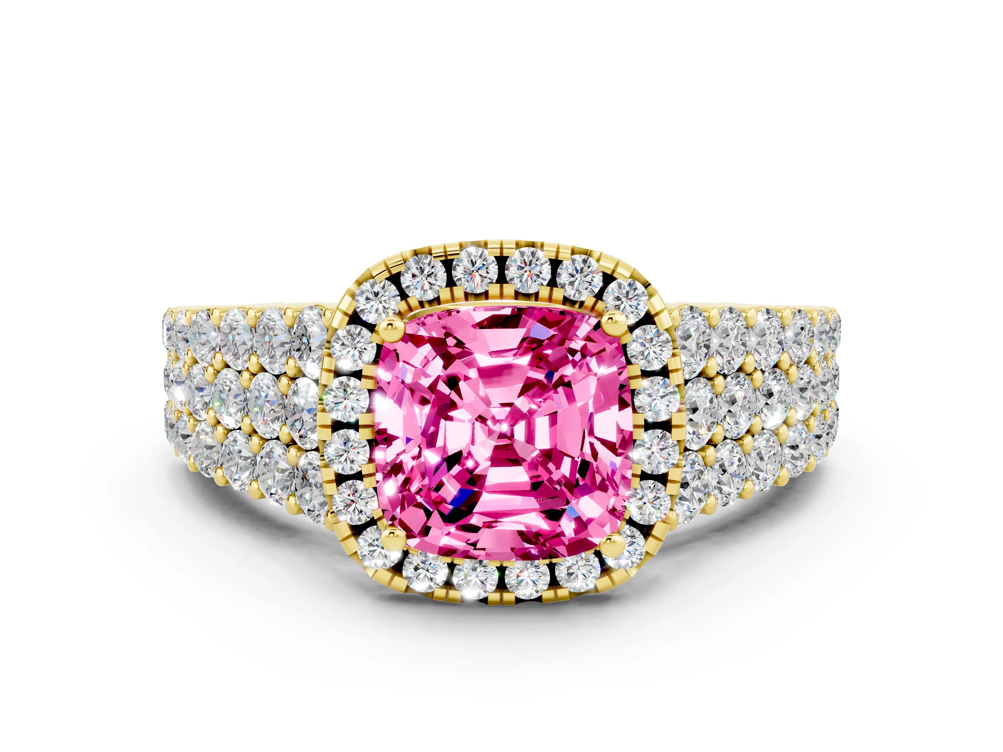 Yellow gold Cushion Cut Halo Pavé Diamond Engagement Ring with Split Shank and Four-Prong Setting