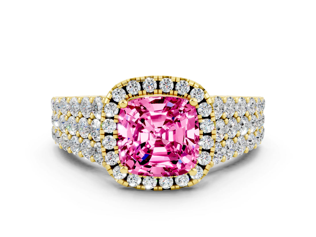 Yellow gold Cushion Cut Halo Pavé Diamond Engagement Ring with Split Shank and Four-Prong Setting