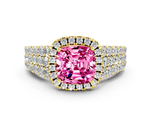 Yellow gold Cushion Cut Halo Pavé Diamond Engagement Ring with Split Shank and Four-Prong Setting