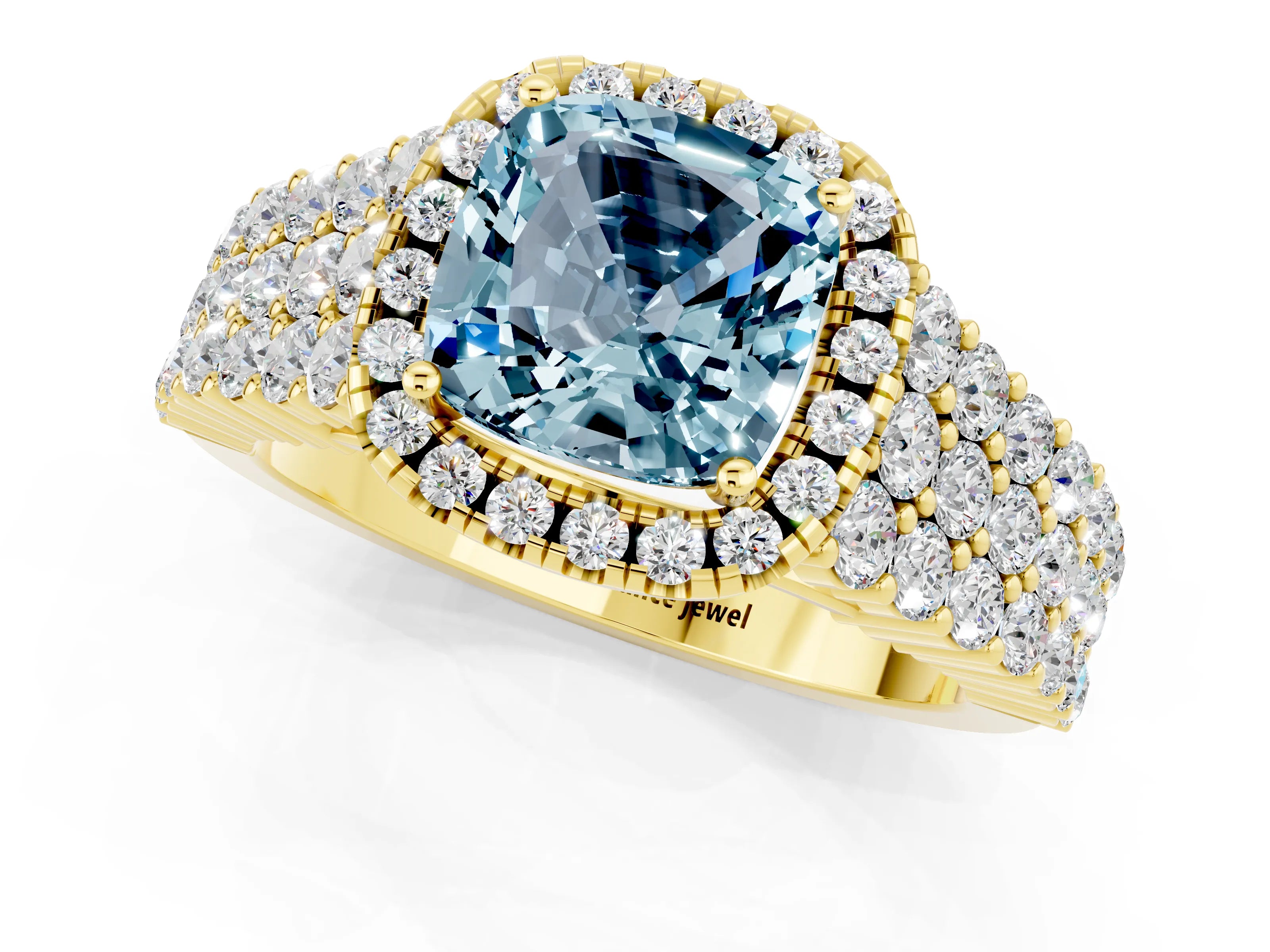 Yellow gold Cushion Cut Halo Pavé Diamond Engagement Ring with Split Shank and Four-Prong Setting_1