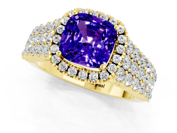 Yellow gold Cushion Cut Tanzanite Halo Engagement Ring with Triple Row Round Pavé Band and Prong Setting