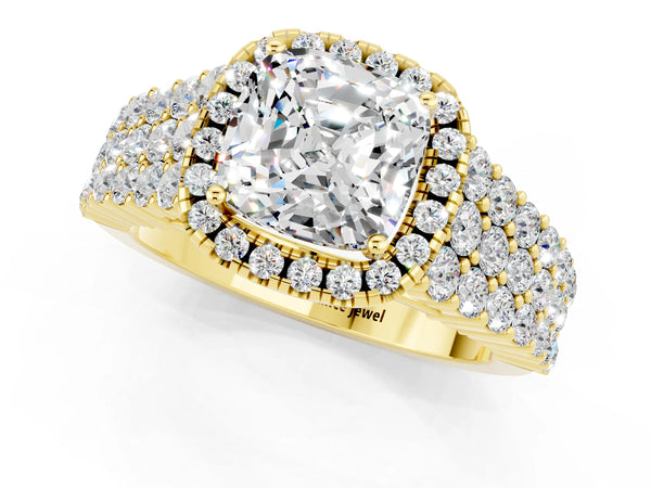 Yellow gold Cushion Cut Moissanite Halo Engagement Ring with Triple Row Round Pavé Band and Prong Setting