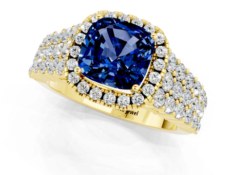 Yellow gold Cushion Cut Halo Pavé Diamond Engagement Ring with Split Shank and Four-Prong Setting_1
