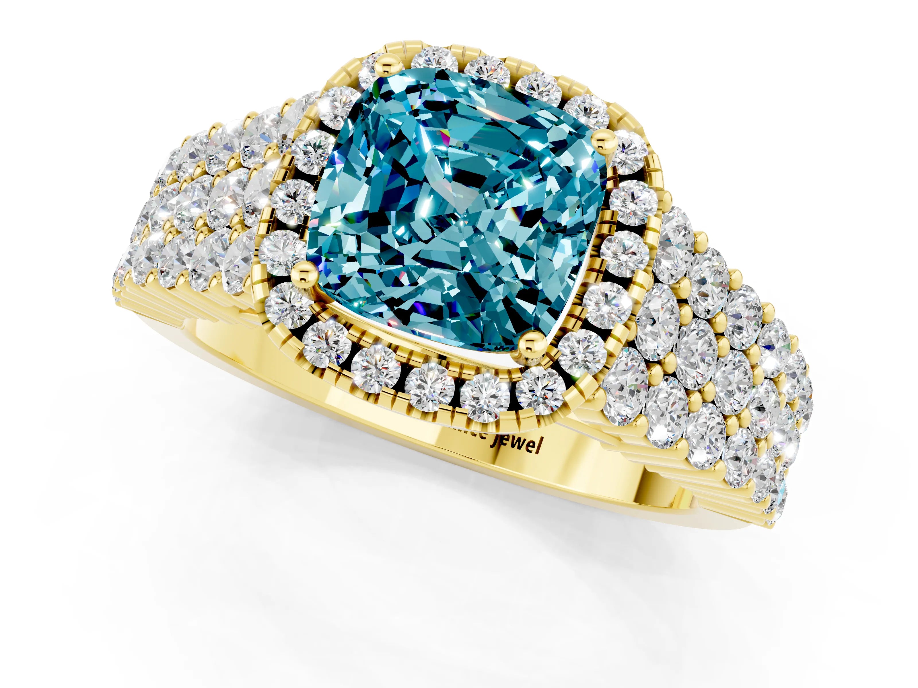Yellow gold Cushion Cut Halo Pavé Diamond Engagement Ring with Split Shank and Four-Prong Setting_1