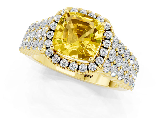 Yellow gold Cushion Cut Yellow Sapphire Halo Engagement Ring with Triple Row Round Pavé Band and Prong Setting