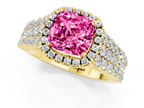 Yellow gold Cushion Cut Halo Pavé Diamond Engagement Ring with Split Shank and Four-Prong Setting_1