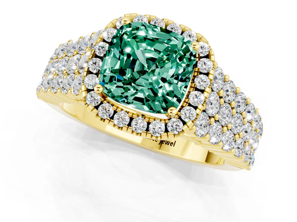 Yellow gold Cushion Cut Green Sapphire Halo Engagement Ring with Triple Row Round Pavé Band and Prong Setting