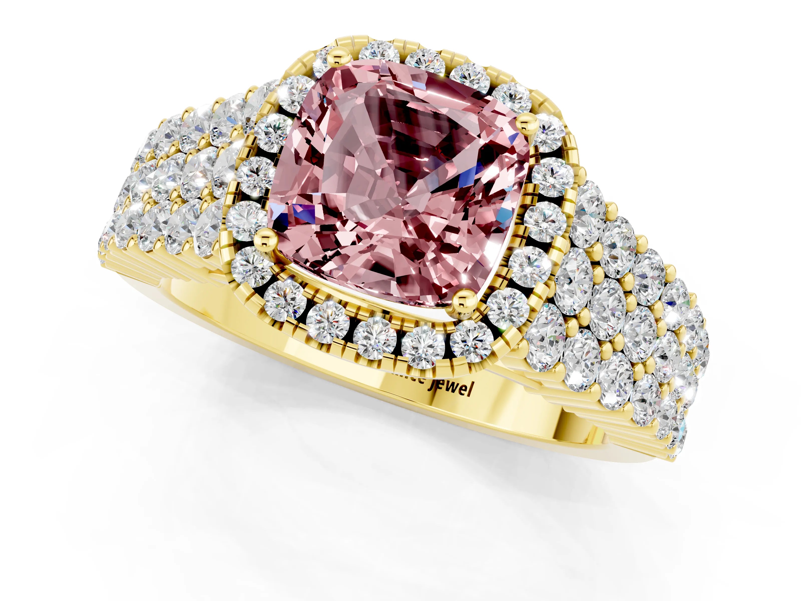 Yellow gold Cushion Cut Halo Pavé Diamond Engagement Ring with Split Shank and Four-Prong Setting_1