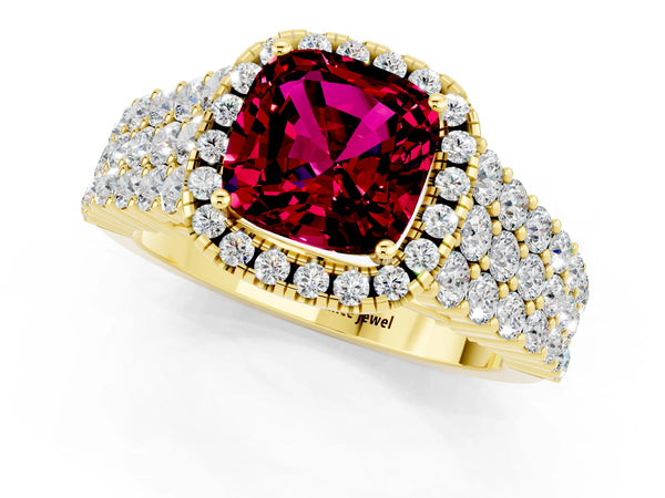 Yellow gold Cushion Cut Garnet Halo Engagement Ring with Triple Row Round Pavé Band and Prong Setting