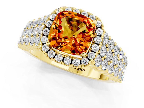 Yellow gold Cushion Cut Citrine Halo Engagement Ring with Triple Row Round Pavé Band and Prong Setting