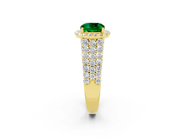 Yellow gold Cushion Cut Emerald Halo Engagement Ring with Triple Row Round Pavé Band and Prong Setting