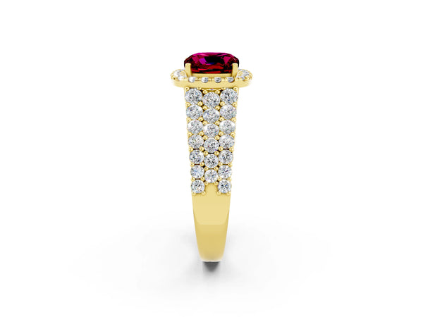 Yellow gold Cushion Cut Garnet Halo Engagement Ring with Triple Row Round Pavé Band and Prong Setting